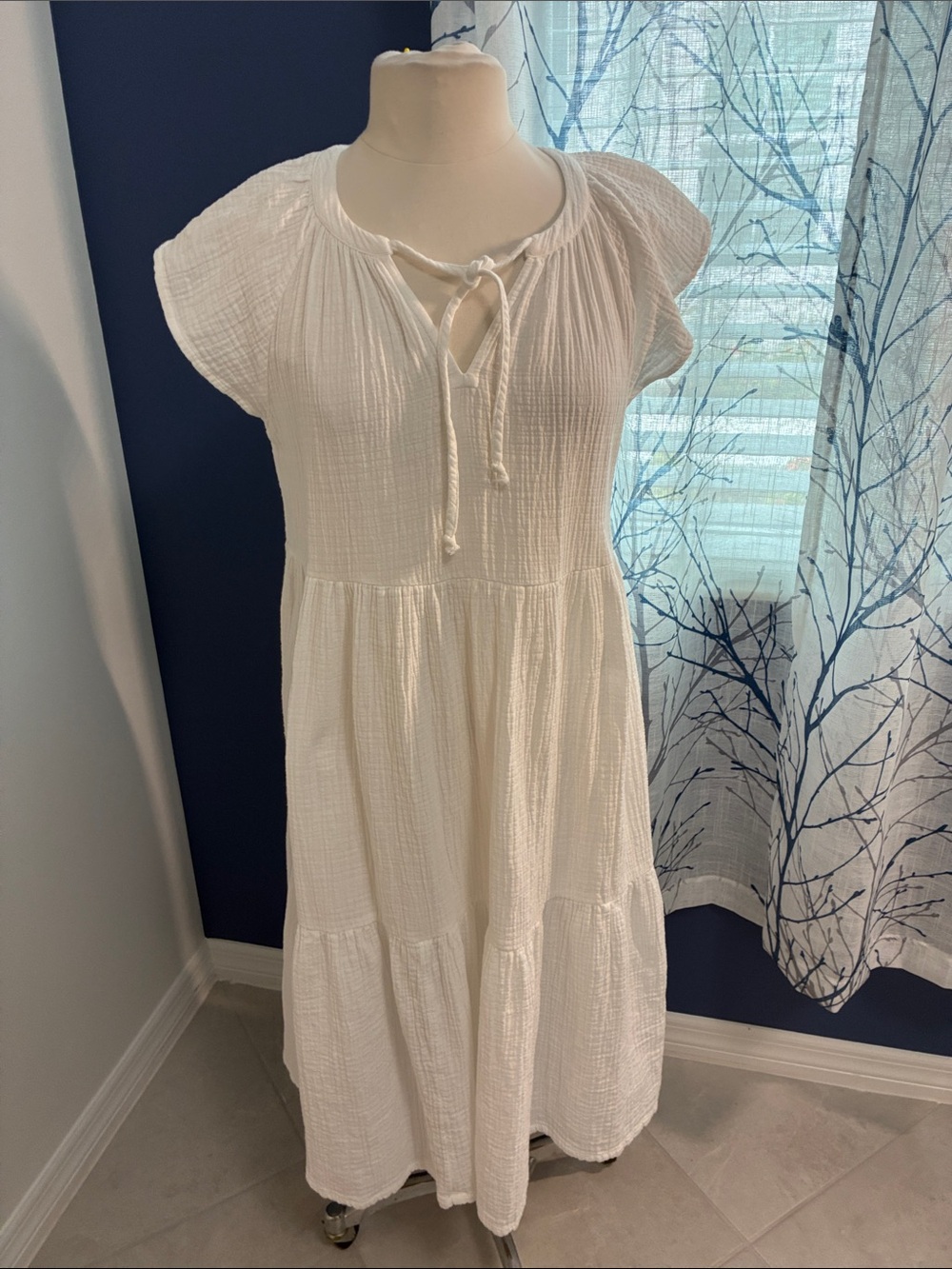 Waverly White Tiered Cotton Gauze Dress with Tie Neck